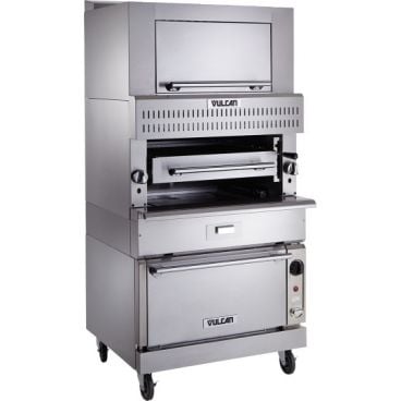 Vulcan VBB1SF Natural Gas V Series Double-Deck Ceramic Burner Standard Oven Base Heavy-Duty Stainless Steel Upright Broiler With Finishing Oven On Casters, 150,000 BTU