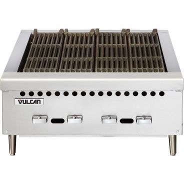 Vulcan VCRB36 Restaurant Series Natural Gas 36" Wide Countertop 6 Cast Iron 14,500 BTU Burner Heavy-Duty Stainless Steel Charbroiler On 4" Legs With Individual Infinite Heat Controls, 87,000 BTU