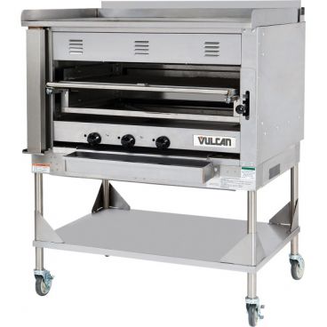 Vulcan VST4B Liquid Propane V Series 45 1/2" Wide Deck-Type 3 Cast Iron Burner Heavy-Duty Stainless Steel Chophouse Broiler With 1/2" Thick Griddle Plate On Casters, 135,000 BTU