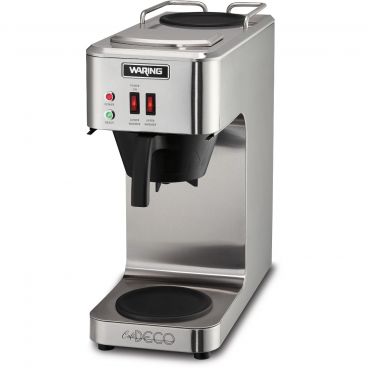 Waring WCM50 Café Deco Pourover 8" Wide 3-Gallons Per Hour Stainless Steel Coffee Brewer For 64 oz Decanters With 1 Lower And 1 Upper Warmer, 120V 1800 Watts
