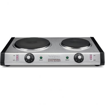 Waring WDB600 Double-Plate 19 3/4" Wide Commercial Heavy-Duty Cast-Iron Burner With 7" And 6" Diameter Plates With Adjustable Thermostats, 120V 1800 Watts