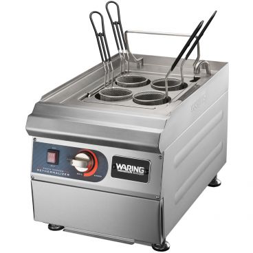 Waring WPC100 Stainless Steel 14.1" Wide 13.1 Quart Capacity Single Tank Pasta Cooker Rethermalizer With 4 Round And 2 Rectangular Baskets, 240V 3600 Watts