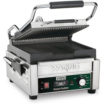 Waring WPG150TB Perfetto Compact 9 3/4" x 9 1/4" Cooking Surface Cast Iron Ribbed Plate Italian-Style Panini Grill With 20-Minute Reprogrammable Timer, 208V 2400 Watts