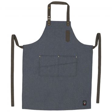 Winco BA-3327B Blue 33 1/2" L x 27" W Signature Chef Poly-Cotton Mid-Weight Bib Apron With 1 Thermometer/Pen Pocket And 8 Waist Pockets