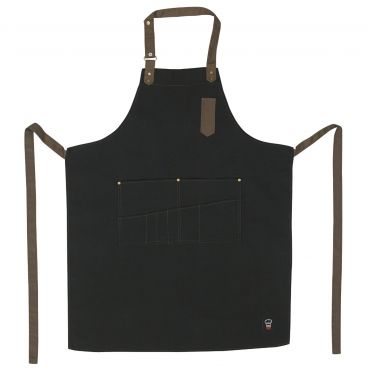 Winco BA-3327K Black 33 1/2" L x 27" W Signature Chef Poly-Cotton Mid-Weight Bib Apron With 1 Thermometer/Pen Pocket And 8 Waist Pockets