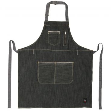 Winco BADN-3430 Blue Dark Wash Denim 34 1/2" L x 30 1/4" W Signature Chef Heavyweight Poly-Cotton Full-Length Bib Apron With Adjustable Neck Strap, Cell-Phone Pocket, Open Chest Pocket And 2 Vertical Waist Pockets