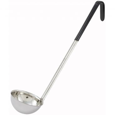 Winco LDC-6 Black 6 oz LDC Series One-Piece Stainless Steel Serving Ladle With 15 1/2" Color-Coded Handle