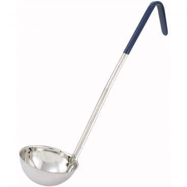 Winco LDC-8 Blue 8 oz LDC Series One-Piece Stainless Steel Serving Ladle With 16 1/2" Color-Coded Handle