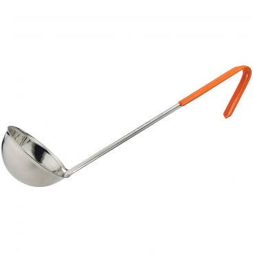 Winco LDCN-8 Orange 8 oz Prime Series One-Piece Stainless Steel Serving Ladle With 15 5/8" Long Color-Coded Handle