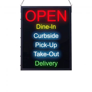 Winco LED-20 LED 19" x 24" "Open," "Dine-In," "Curbside," "Pick-Up," "Take-Out," "Delivery" Sign with Hanging Chain