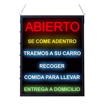 Winco LED-21 LED 19" x 24" "Abierto," "Se Come Adentro," "Traemos A Su Carro," "Recoger," "Comida Para Llevar," "Entrega A Domicilio" Sign with Hanging Chain