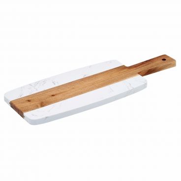Winco SBMW-156 11-1/2" x 6" Marble and Wood Serving Board with 4-3/8" Handle