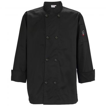 Winco UNF-6K3XL Black 3X-Large Signature Chef Men's Tapered Fit Poly/Cotton Double Breasted Chef Jacket With Thermometer/Pen Pocket