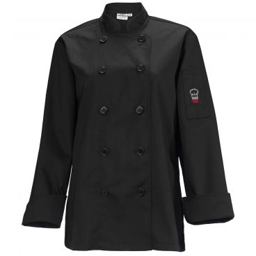 Winco UNF-7KM Black Medium Signature Chef Women's Tapered Fit Poly/Cotton Double Breasted Chef Jacket With Thermometer/Pen Pocket
