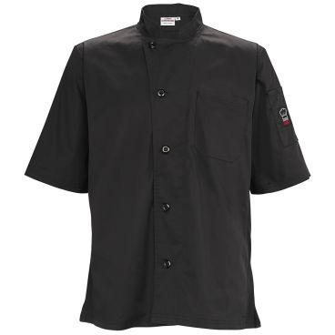 Winco UNF-9KL Black Large Signature Chef Tapered Fit Poly/Cotton Ventilated Chef Shirt With Mesh Panels, 1 Chest Pocket And 1 Thermometer Pocket On Sleeve