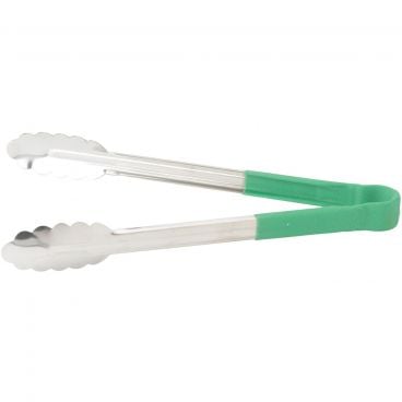 Winco UT-12HP-G Green Plastic Handle 12" Long Heavy-Duty Stainless Steel Scalloped-Edge Cold Food Service Utility Tongs