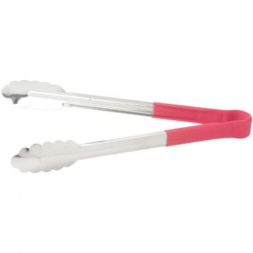 Winco UT-12HP-R Red Plastic Handle 12" Long Heavy-Duty Stainless Steel Scalloped-Edge Cold Food Service Utility Tongs