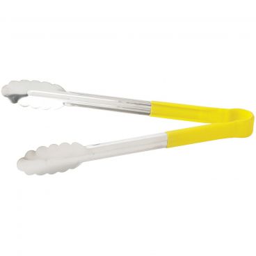 Winco UT-12HP-Y Yellow Plastic Handle 12" Long Heavy-Duty Stainless Steel Scalloped-Edge Cold Food Service Utility Tongs