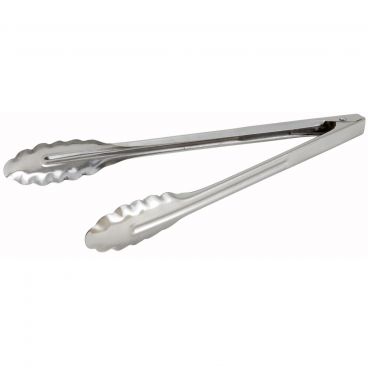 Winco UT-12LT Medium-Weight 12" Long 0.6 mm Thick Stainless Steel Coiled-Spring Scalloped-Edge Utility Tongs