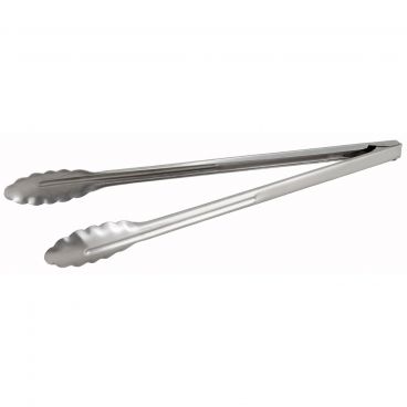 Winco UT-16 Heavyweight 16" Long 0.9 mm Thick Stainless Steel Coiled-Spring Scalloped-Edge Utility Tongs