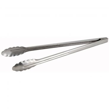 Winco UT-16HT Extra-Heavyweight 16" Long 1.2 mm Thick Stainless Steel Coiled-Spring Scalloped-Edge Utility Tongs
