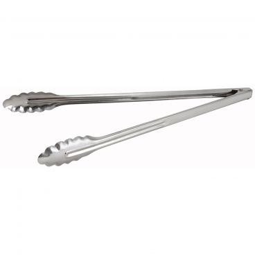 Winco UT-16LT Medium-Weight 16" Long 0.6 mm Thick Stainless Steel Coiled-Spring Scalloped-Edge Utility Tongs