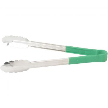 Winco UT-9HP-G Green Plastic Handle 9" Long Heavy-Duty Stainless Steel Scalloped-Edge Cold Food Service Utility Tongs