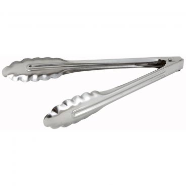 Winco UT-9LT Medium-Weight 9" Long 0.6 mm Thick Stainless Steel Coiled-Spring Scalloped-Edge Utility Tongs