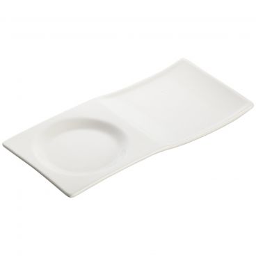 Winco WDP012-101 Tenora Bright White 8" x 3 3/4" Rectangular Porcelain Tray with One Circular Well