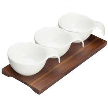 Winco WDP015-102 Newry Porcelain 9 3/8" x 4" Trio Bowl Set with Wooden Plate
