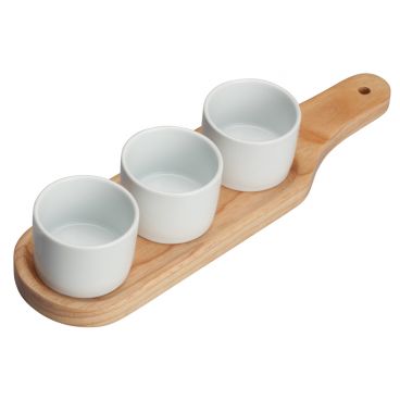 Winco WDP015-103 Newry Porcelain 11 5/8" x 3 1/8" Bright White Trio Bowl Set with Wooden Plate