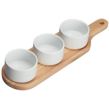Winco WDP015-104 Newry Porcelain 15 1/4" x 4 1/8" Trio Bowl Set with Wooden Plate