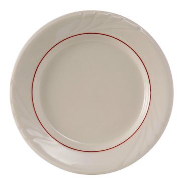 Tuxton YBA-062 TuxCare Monterey 6 1/4" Diameter American White/Eggshell With Red Berry Band Round Wide Rim Embossed China Plate