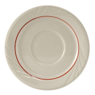 Tuxton YBE-054 TuxCare Monterey 5 1/2" Diameter American White/Eggshell With Red Berry Band Round Embossed China Saucer