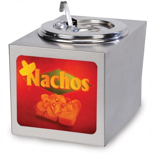 Gold Medal 2365LS Nacho Cheese Dipper-Style 4 qt Capacity 8 1/2 Wide  Stainless Steel Warmer With Lighted Sign And Dipper, 120V 300 Watts