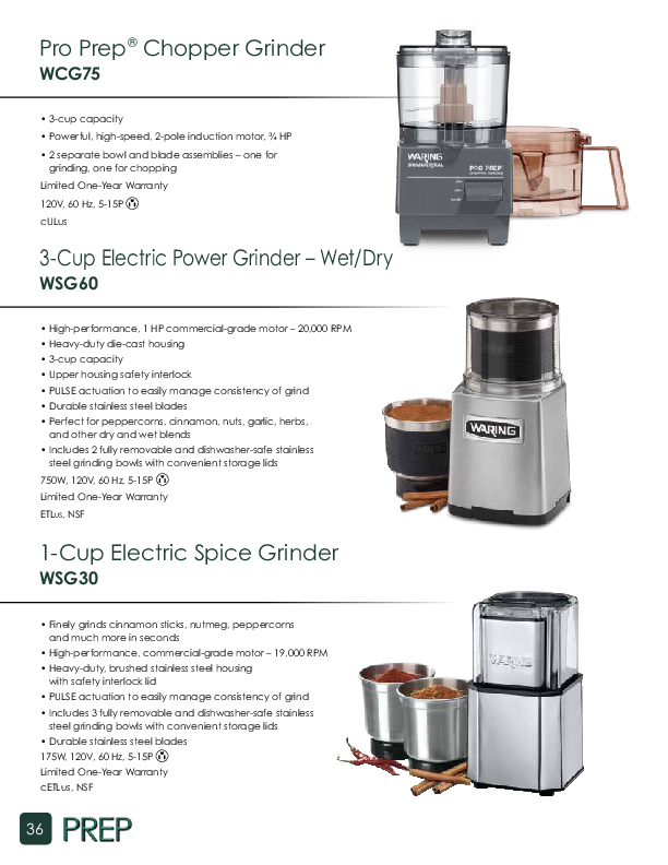 Waring WSG30 Commercial Electric Spice Grinder 120V 1 Year Warranty 