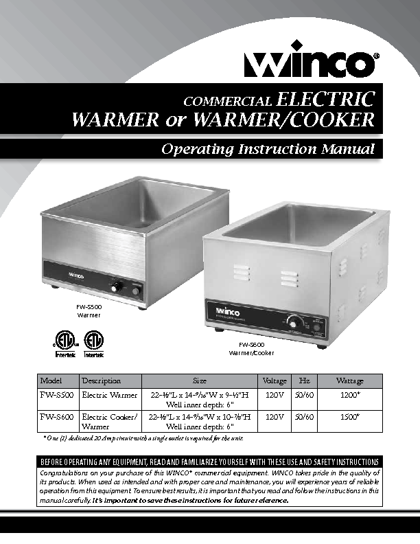 Winco FW-S600-120V Electric Food Warmer/Cooker 